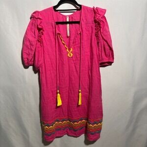 Uncle Frank Pink Linen Dress Puff Sleeves Embroidered Colorful Boho Beach M